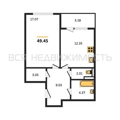 1-комнатная квартира, 49.45кв.м - изображение