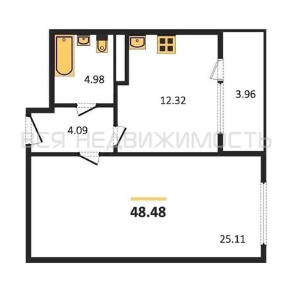 1-комнатная квартира, 48.48кв.м - изображение