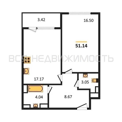 1-комнатная квартира, 51.14кв.м - изображение