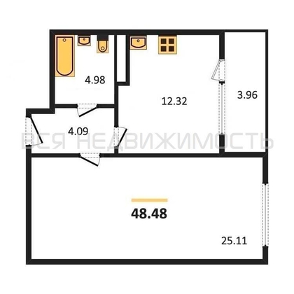 1-комнатная квартира, 48.48кв.м - изображение