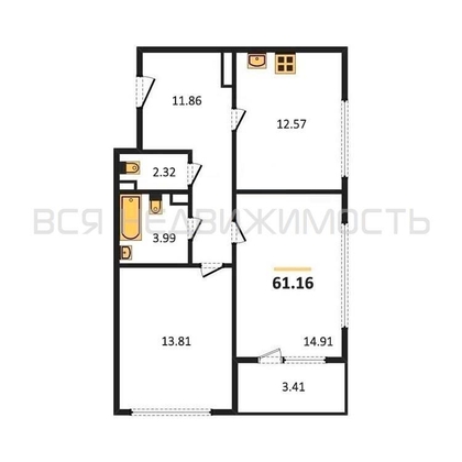 2-комнатная квартира, 61.16кв.м - изображение