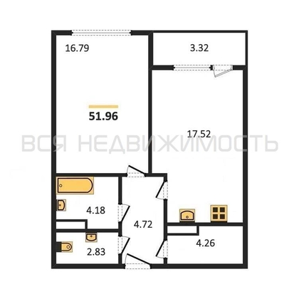 1-комнатная квартира, 51.96кв.м - изображение