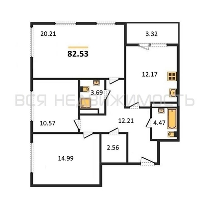3-комнатная квартира, 82.53кв.м - изображение