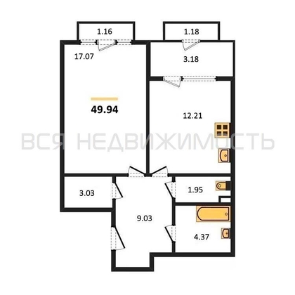 1-комнатная квартира, 49.94кв.м - изображение