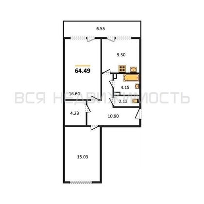 2-комнатная квартира, 64.49кв.м - изображение