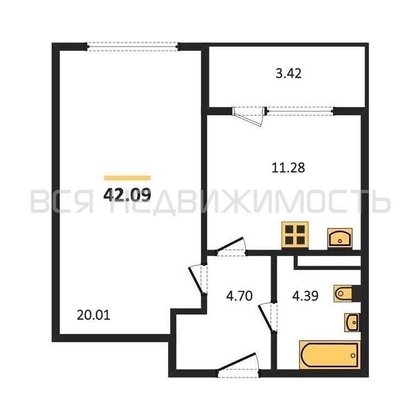 1-комнатная квартира, 42.09кв.м - изображение