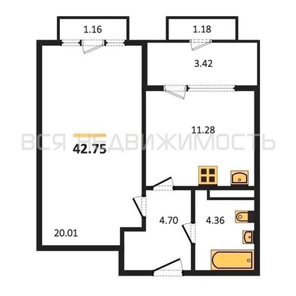 1-комнатная квартира, 42.75кв.м - изображение
