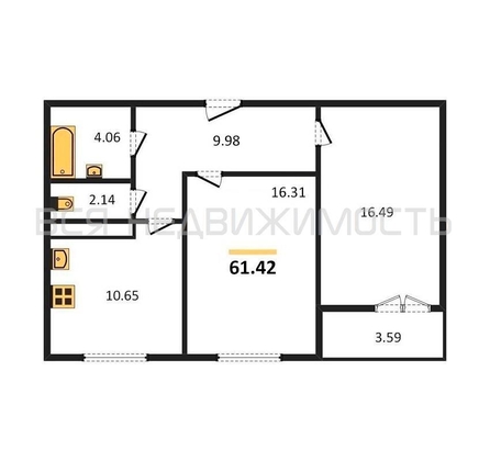 2-комнатная квартира, 61.42кв.м - изображение