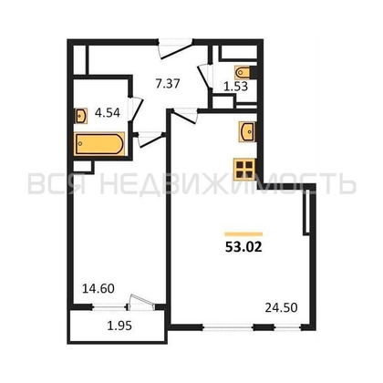 1-комнатная квартира, 54.3кв.м - изображение