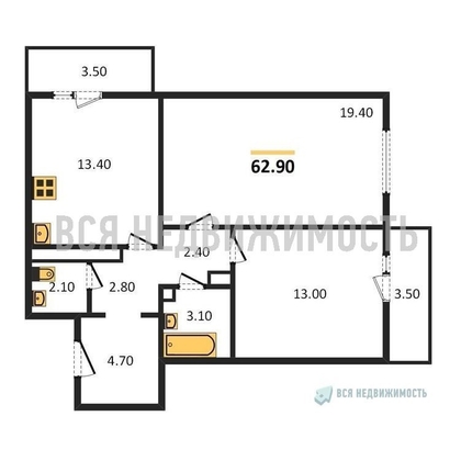 2-комнатная квартира, 62.9кв.м - изображение