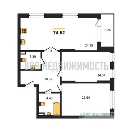 2-комнатная квартира, 74.62кв.м - изображение