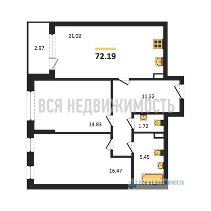 2-комнатная квартира, 72.19кв.м - изображение