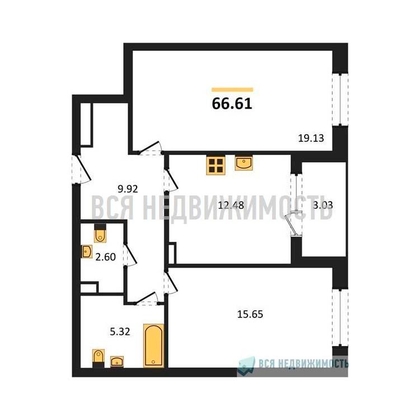 2-комнатная квартира, 66.61кв.м - изображение