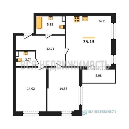 2-комнатная квартира, 75.13кв.м - изображение