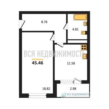 1-комнатная квартира, 45.46кв.м - изображение