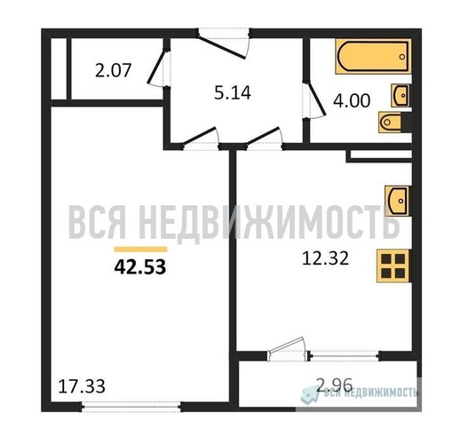 1-комнатная квартира, 42.53кв.м - изображение 0