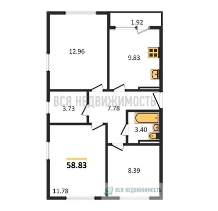 3-комнатная квартира, 58.83кв.м - изображение