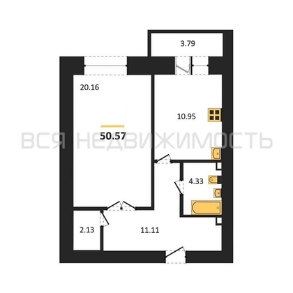 1-комнатная квартира, 51.4кв.м - изображение