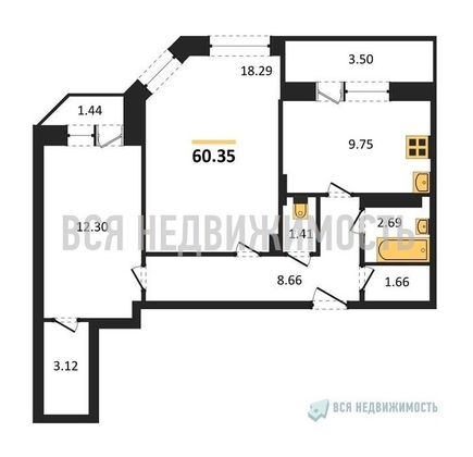 2-комнатная квартира, 60.35кв.м - изображение