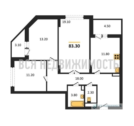 3-комнатная квартира, 83.3кв.м 3-комнатная квартира, 83.3кв.м - изображение