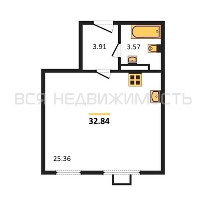 квартира-студия, 32,84кв.м. - изображение