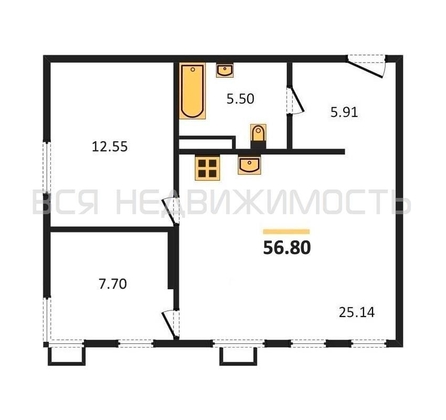 2-комнатная квартира, 57.9кв.м - изображение