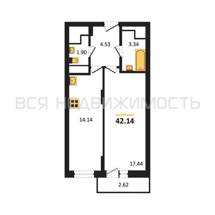 1-комнатная квартира, 42.14кв.м - изображение