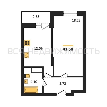 1-комнатная квартира, 41.58кв.м - изображение