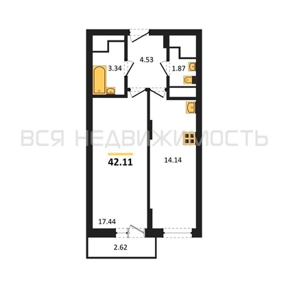 1-комнатная квартира, 42.11кв.м - изображение