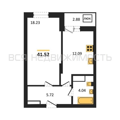 1-комнатная квартира, 41.52кв.м - изображение