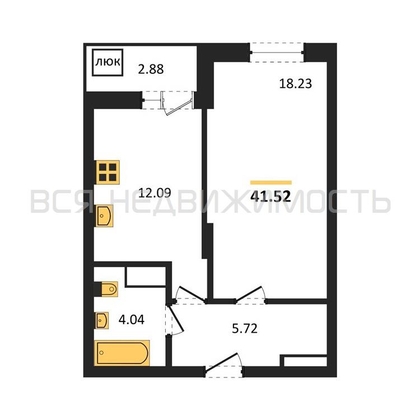 1-комнатная квартира, 41.52кв.м - изображение