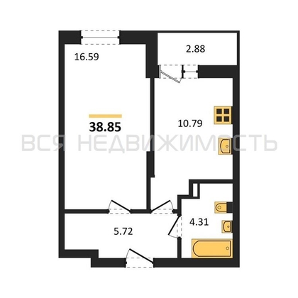 1-комнатная квартира, 38.85кв.м - изображение