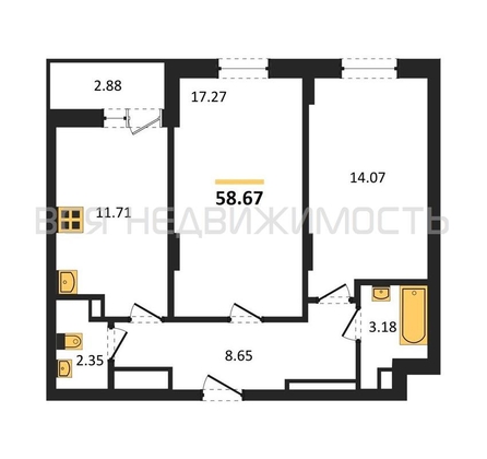 2-комнатная квартира, 58.67кв.м - изображение