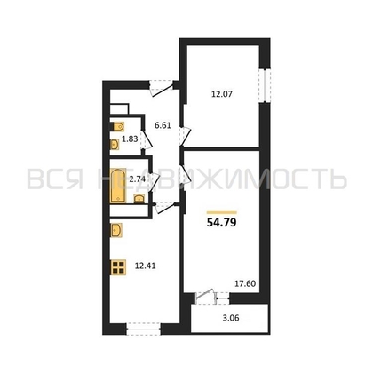 2-комнатная квартира, 54.79кв.м - изображение