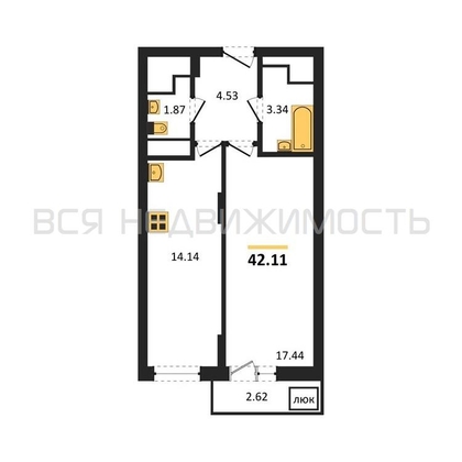 1-комнатная квартира, 42.11кв.м - изображение