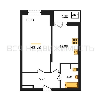 1-комнатная квартира, 41.52кв.м - изображение