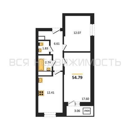2-комнатная квартира, 54.79кв.м - изображение